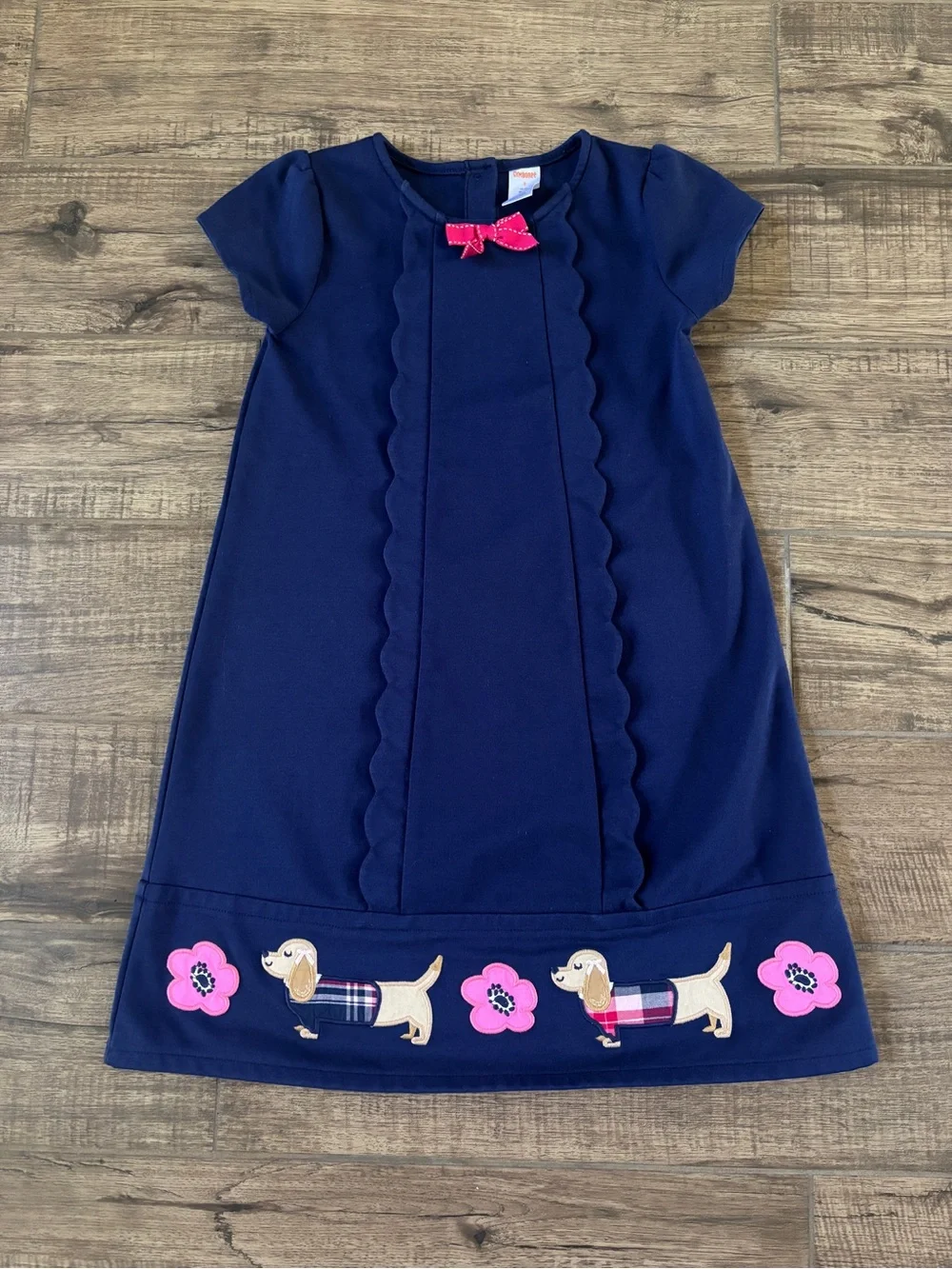 Gymboree Navy Dress with Pink Bow & Floral Dachshund Appliqués